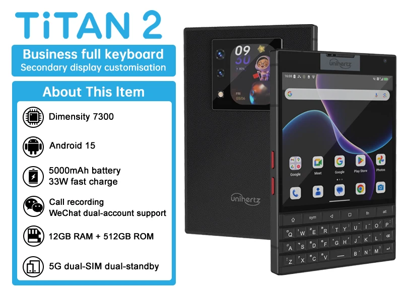 Unihertz Titan 2 QWERTY Physical Keyboard Phone 12GB+512GB Fingerprint 4.5 inch + 2 inch Android 15 Dimensity 7300 5G NFC Phone