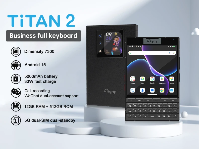 Unihertz Titan 2 QWERTY Physical Keyboard Phone 12GB+512GB Fingerprint 4.5 inch + 2 inch Android 15 Dimensity 7300 5G NFC Phone