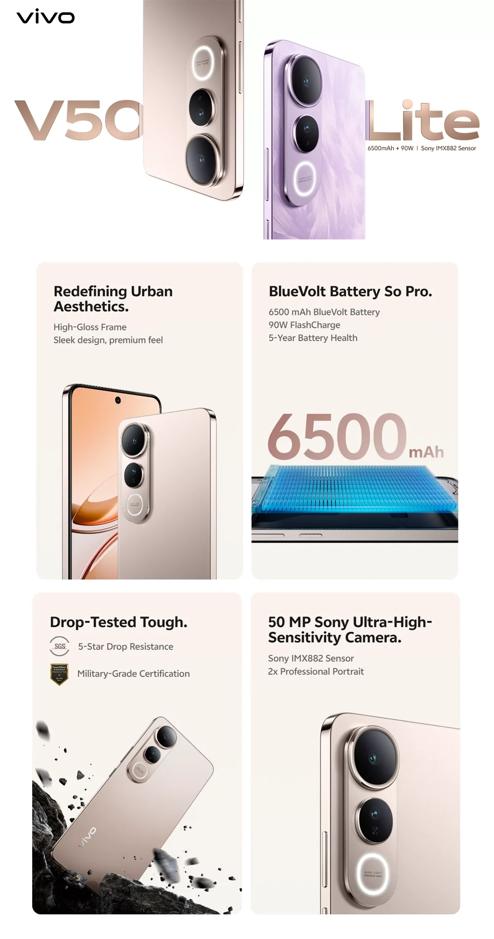 VIVO V50 Lite 5G 6.77" 120Hz Display 12GB+512GB 50MP Cam 6500mAh Long Lasting Battery Type-C Dual SIM Unlocked Smartphone