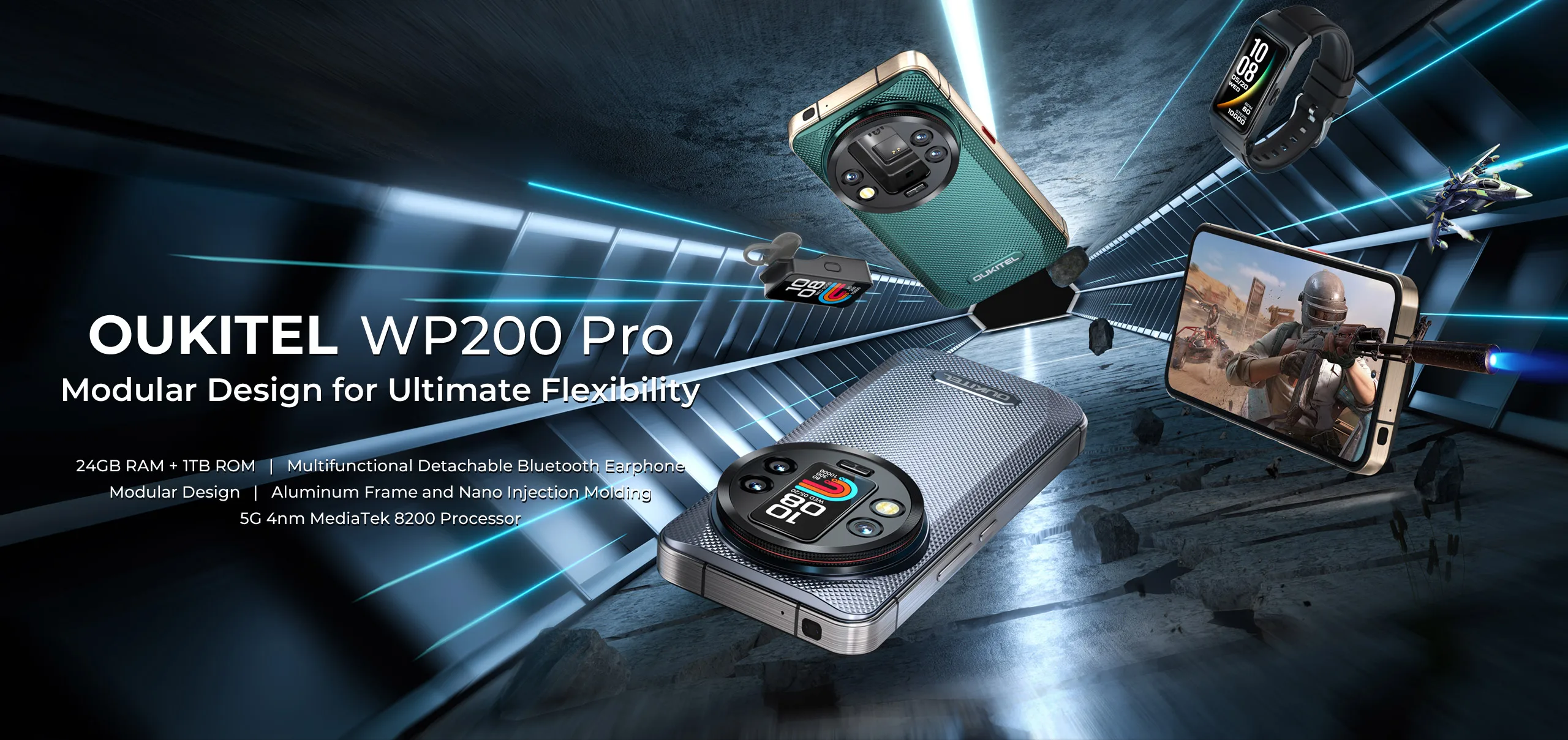 Oukitel WP200 Pro 24GB+1TB 5G Rugged Phone 6.7'' Android 15.0 MTK Dimensity 8200 108MP 8800mAh NFC Detachable Earphone Watch