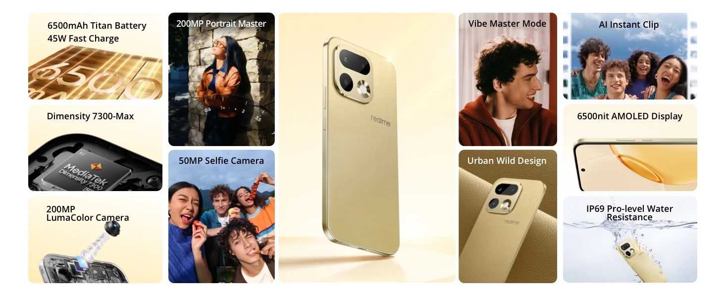 realme 16 Pro 5G Smartphone 6.78" 144Hz 50MP Group Selfie Camera 45W Charge 6500mAh Dimensity 7300-Max 5G Chipset
