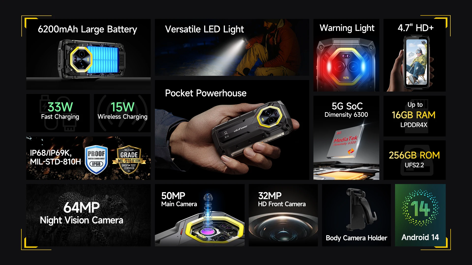 Ulefone Armor Mini 20 Pro,16GB(8+8) 256GB,5G Rugged,6200mAh,Android 14,33W Charge,64MP Night Camera LED Light,Global Version