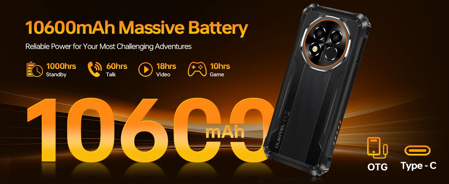 OUKITEL G6 Rugged Smartphone Unlocked -16GB+64GB/1TB TF 6.52” HD Display IP68/IP69K Rugged Android16 Phone, 10600mAh Battery 16MP NFC Dual SIM 90Hz Mobile Phone Rugged Phone