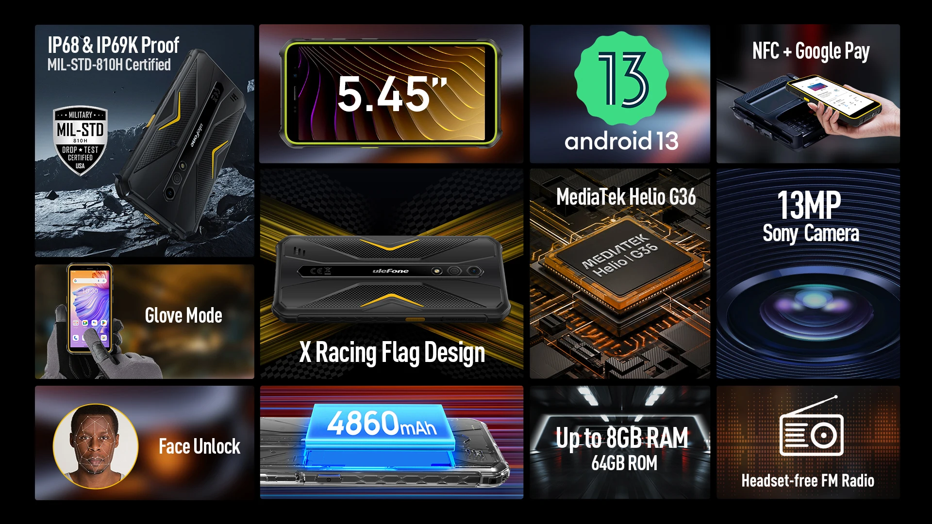 Ulefone Armor X12 Pro,Rugged 4G,Octa Core,4GB+64GB,5.45Inch Android 13,13MP Camera,4860mAh,10W Fast Charge, NFC,Global Version
