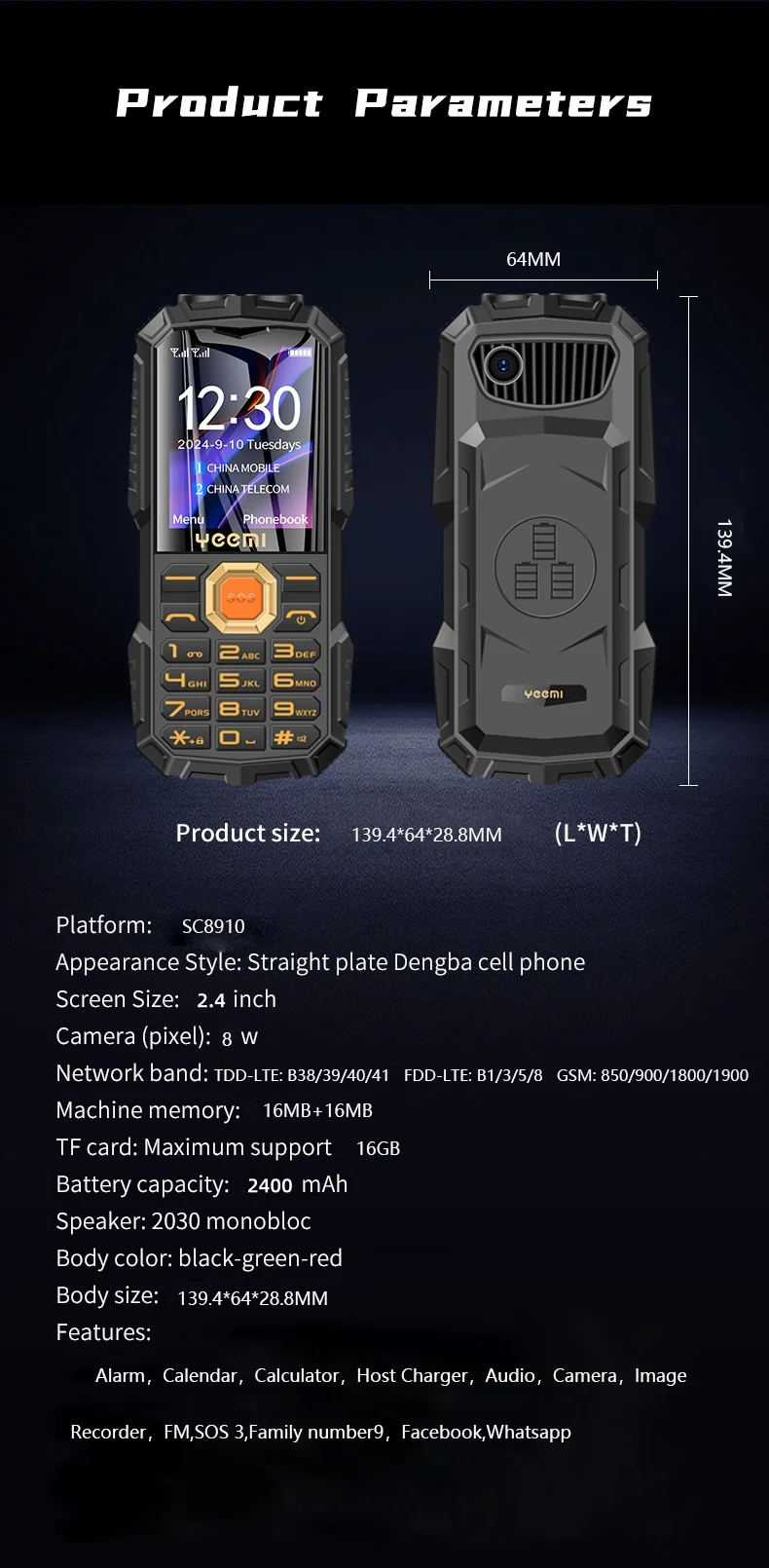 YEEMI Q7+ 4G CellPhone 2.4inch Dual SIM Card Flashlight Loud Speaker 2400mAh LTE Camera Waterproof Outdoor Mobile Phone