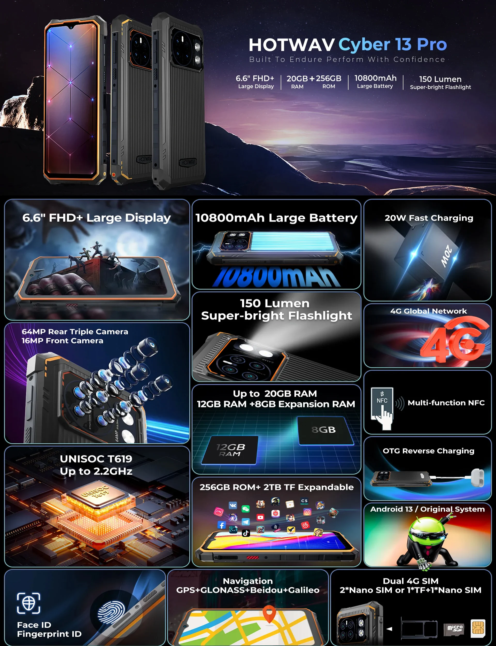 HOTWAV Cyber 13 Pro,20 ГБ+256 ГБ,6.6 FHD+ 2K,10800mAh,64МП камера,Android 13,NFC,150LM Flashlight,глобальная версия