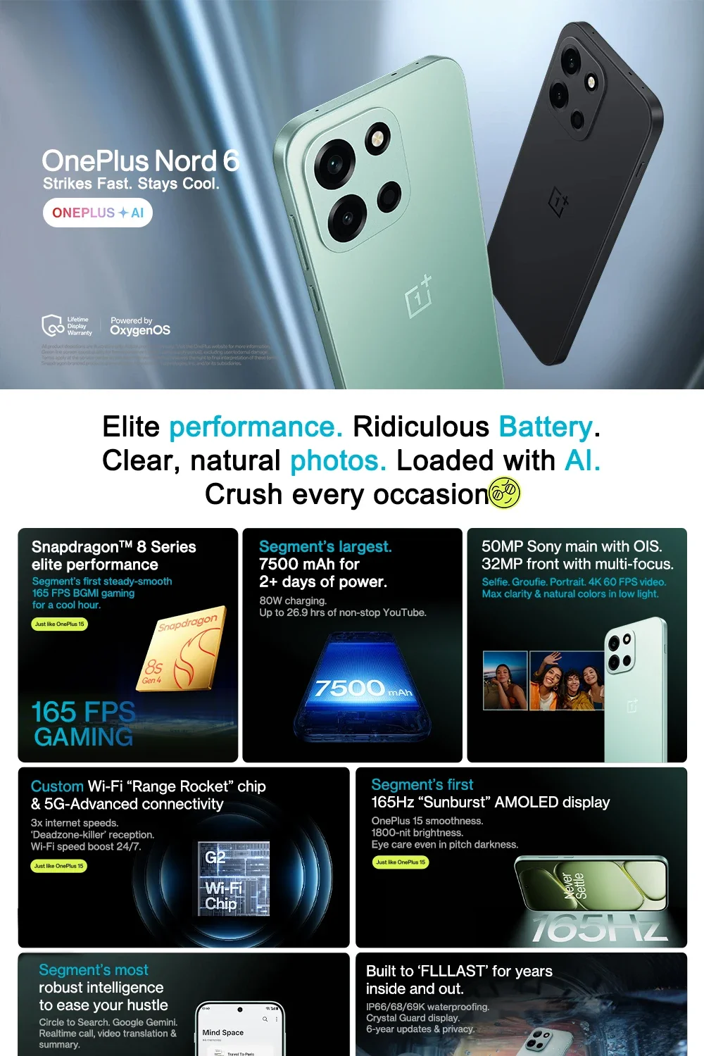 2026 NEW smartphone OnePlus Nord 6 Smartphone, Global Edition,12+512GB,7500mAh Battery,Snapdragon 8 Series,165Hz , 50MP Camera,Without Charger