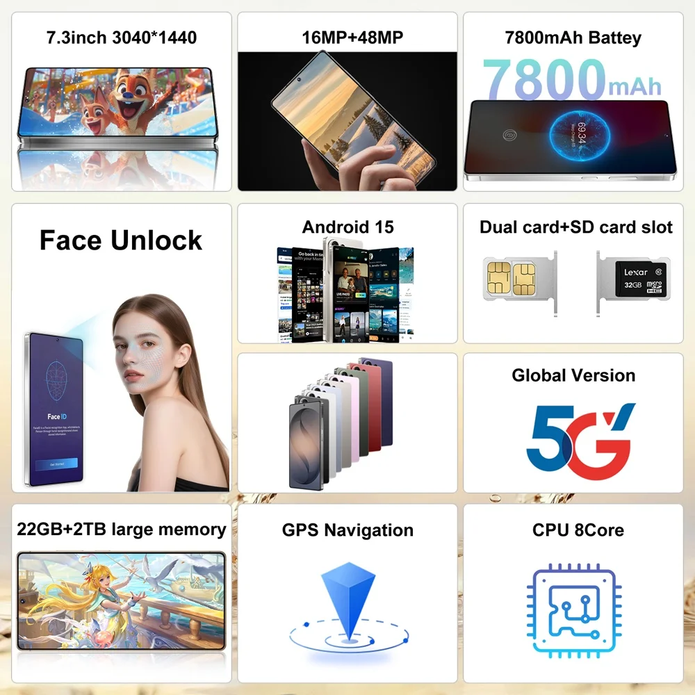 K-Touch New C27 Ultra 7800mAh Mobile Phones 22GB+2TB Cell Phone 7.3 HD Smartphone Android 15 Octa Core Unlock 5G Dual SIM 16+48MP Camera Cellphones