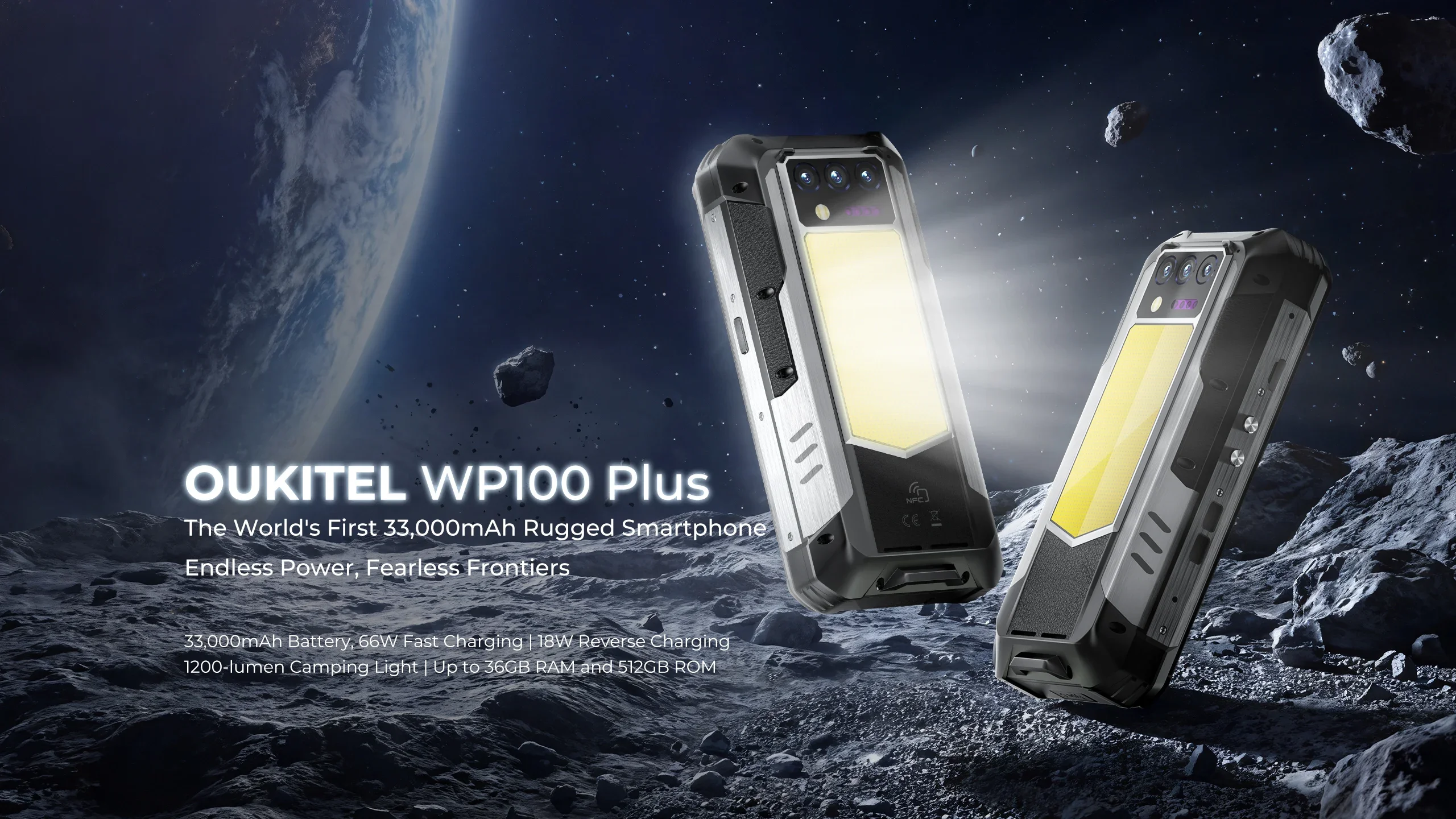 OUKITEL WP100 Plus Rugged Phone 36GB (12+24)+512GB 6.8'120Hz Screen 33000mAh 66W Fast Charge 18W Reverse Charging 1200‑lumen Camping Light 64MP Camera MediaTek Helio G100 Gemini AI NFC ESIM Android16 Outdoor Smartphone