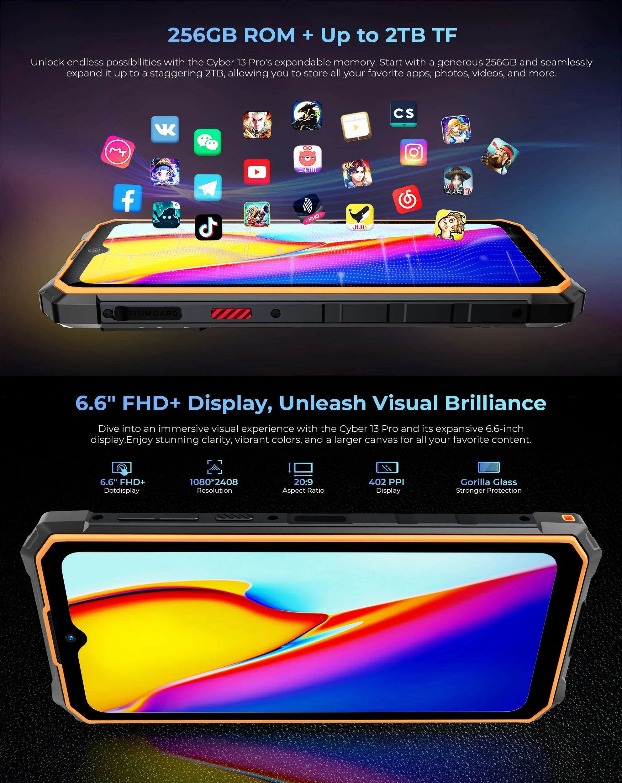 HOTWAV Cyber 13 Pro 150LM Flashlight 20GB+256GB 6.6'' FHD+ 2K 10800mAh 20W Fast Charging 64MP Android 13 Global