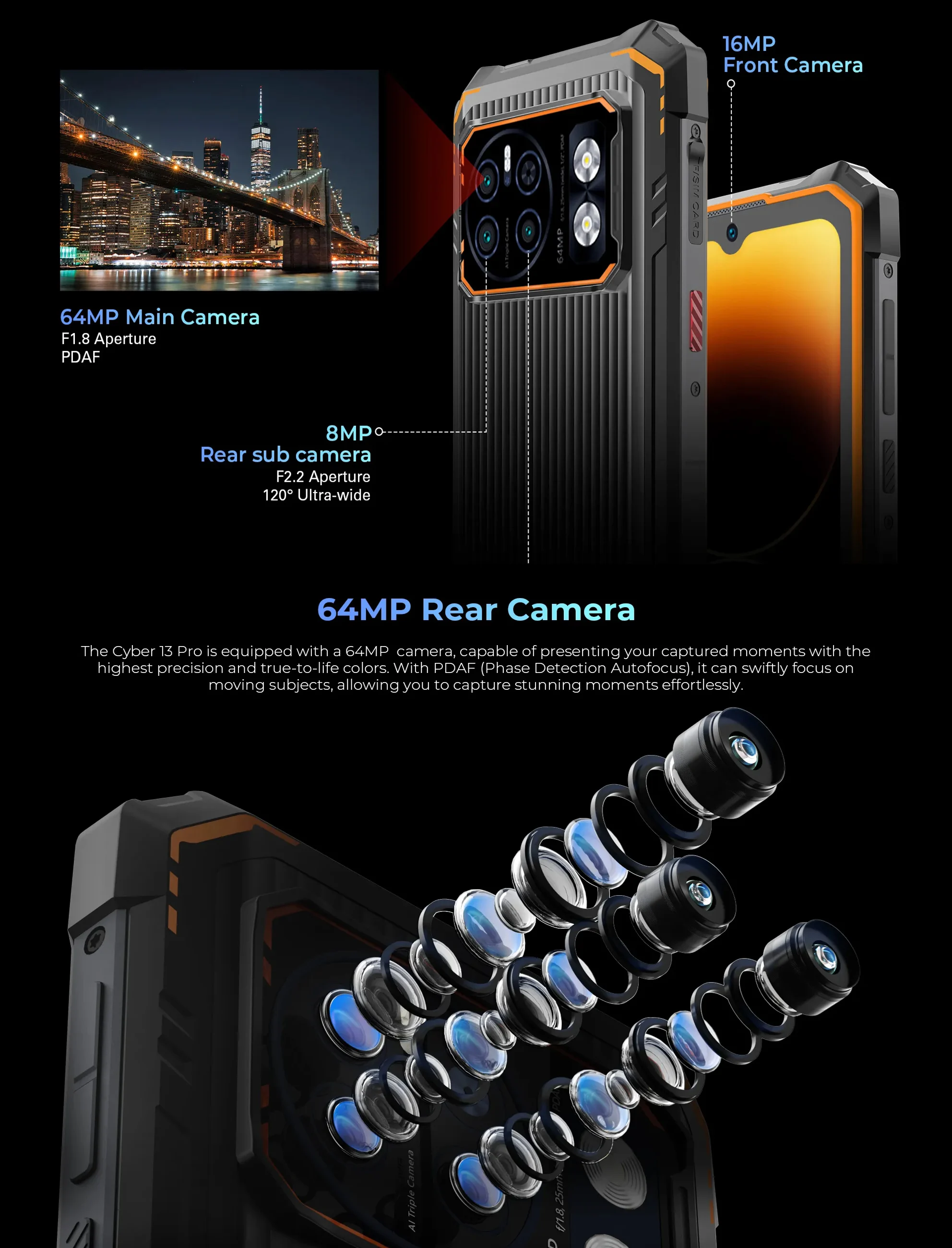 HOTWAV Cyber 13 Pro 150LM Flashlight 20GB+256GB 6.6'' FHD+ 2K 10800mAh 20W Fast Charging 64MP Android 13 Global