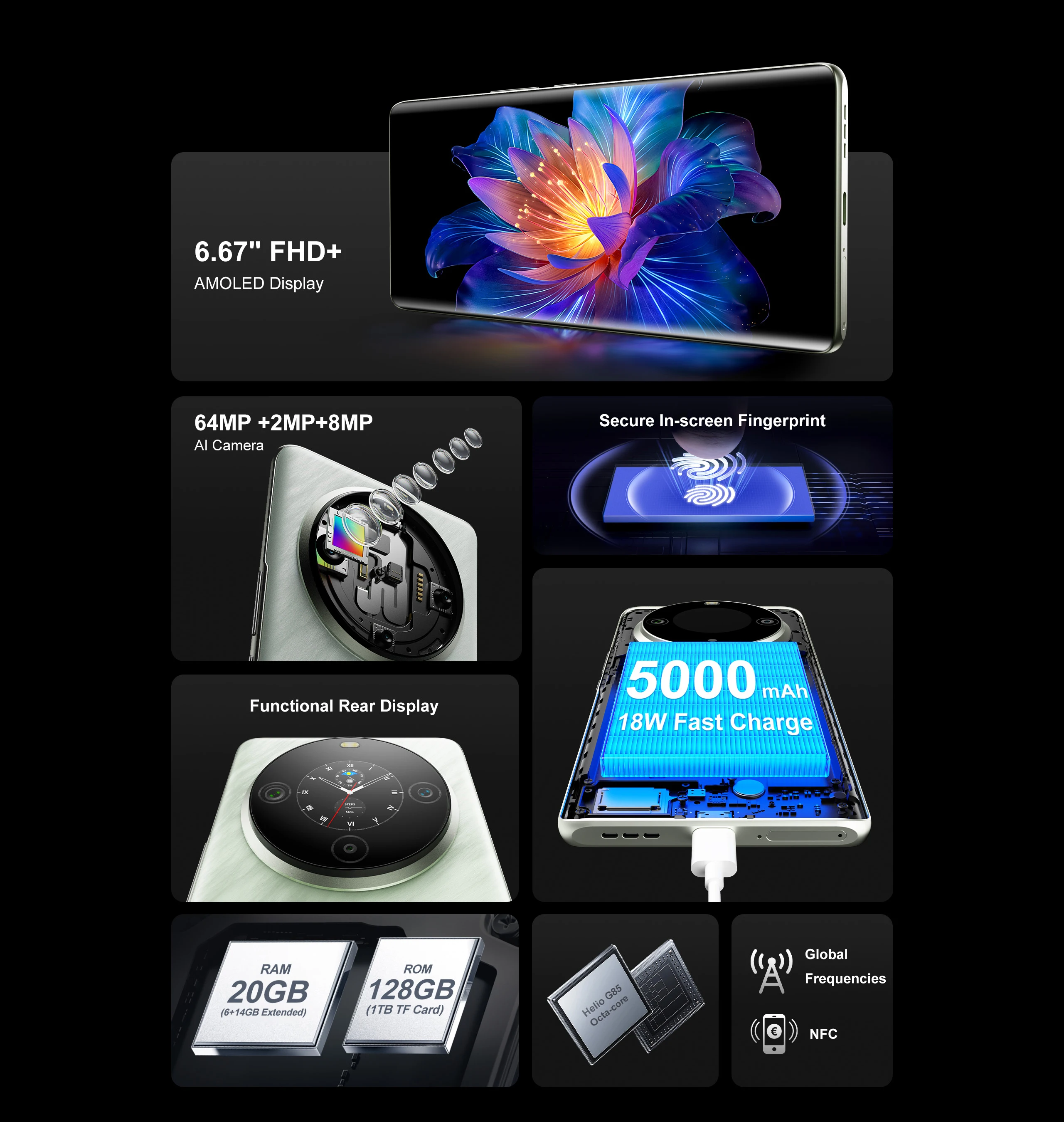 FOSSiBOT S3 PRO,Up to 20 Гб+128 Гб,Android 14,NFC,5000 мАч Battery,6.67" HD+ Display,64MP Camera,4G глобальная версия