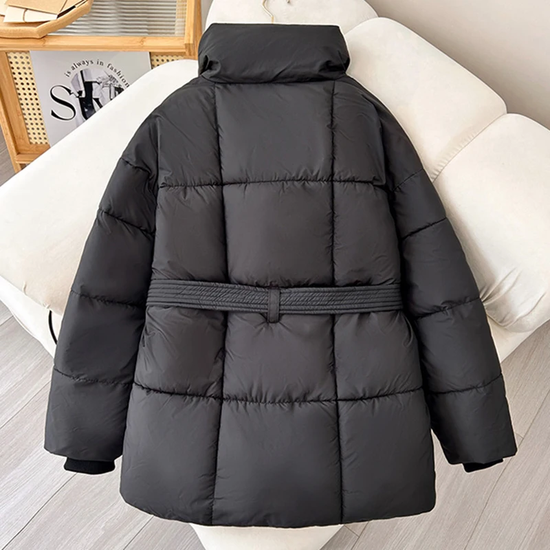 2024 With a Belt Jacket Women Winter Jacket Woman Parkas Solid Thicken Warm Female Snow Wear Coat Cotton Padded Outwear Clothes