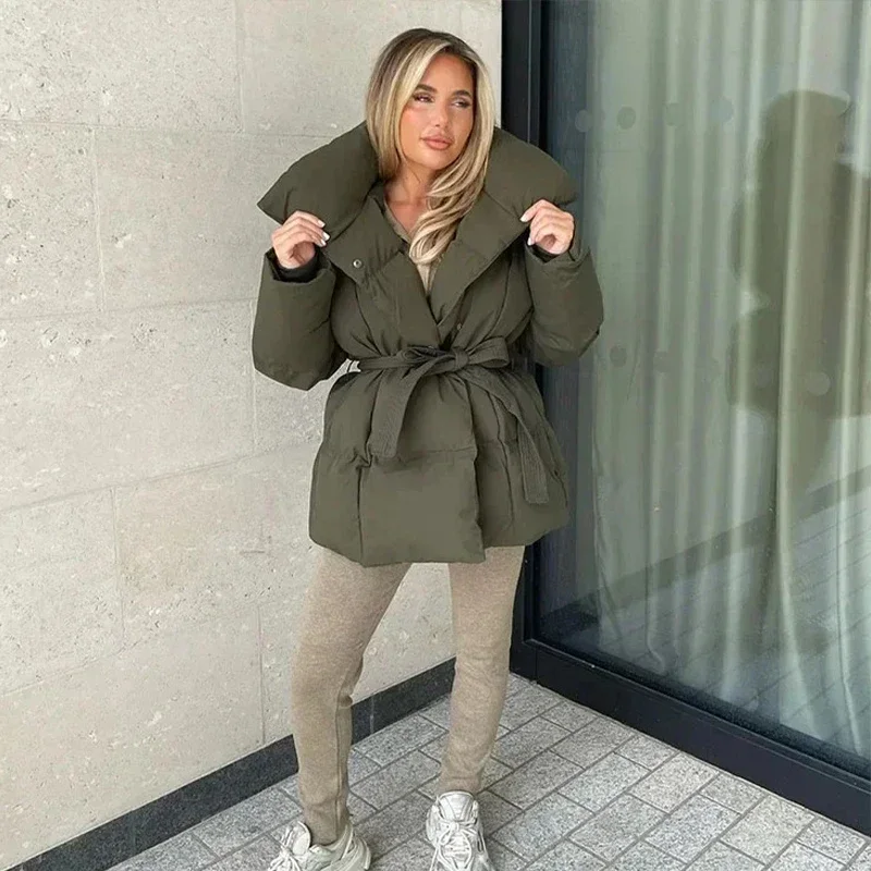 Casual Thick Cotton Coats Women Fashion Solid Full Sleeve Lace Up Loose Short Pocket Jacket Lady New 2026 Winter Commute Outwear