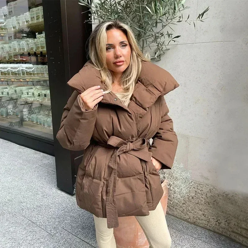 Casual Thick Cotton Coats Women Fashion Solid Full Sleeve Lace Up Loose Short Pocket Jacket Lady New 2026 Winter Commute Outwear