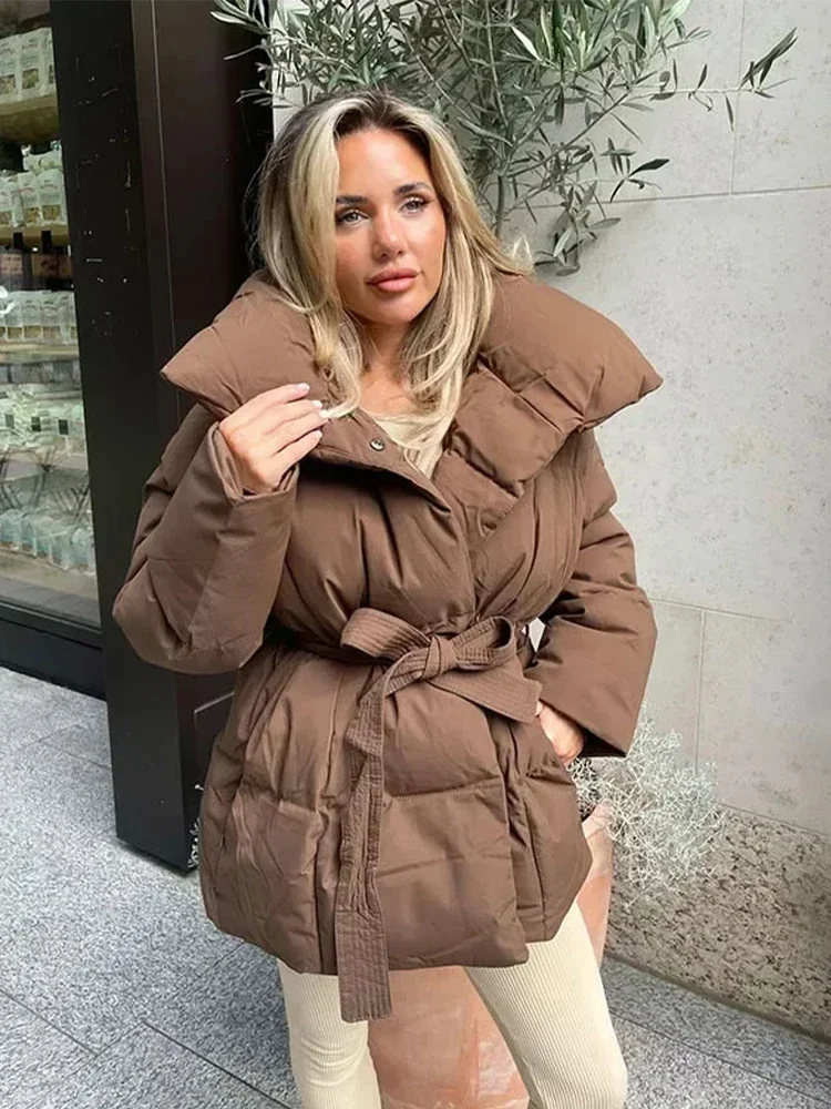 Casual Thick Cotton Coats Women Fashion Solid Full Sleeve Lace Up Loose Short Pocket Jacket Lady New 2026 Winter Commute Outwear