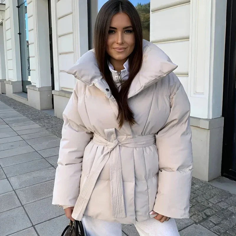 Casual Thick Cotton Coats Women Fashion Solid Full Sleeve Lace Up Loose Short Pocket Jacket Lady New 2026 Winter Commute Outwear