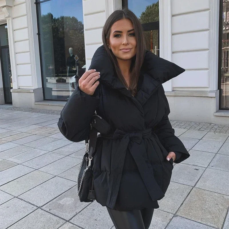 Casual Thick Cotton Coats Women Fashion Solid Full Sleeve Lace Up Loose Short Pocket Jacket Lady New 2026 Winter Commute Outwear
