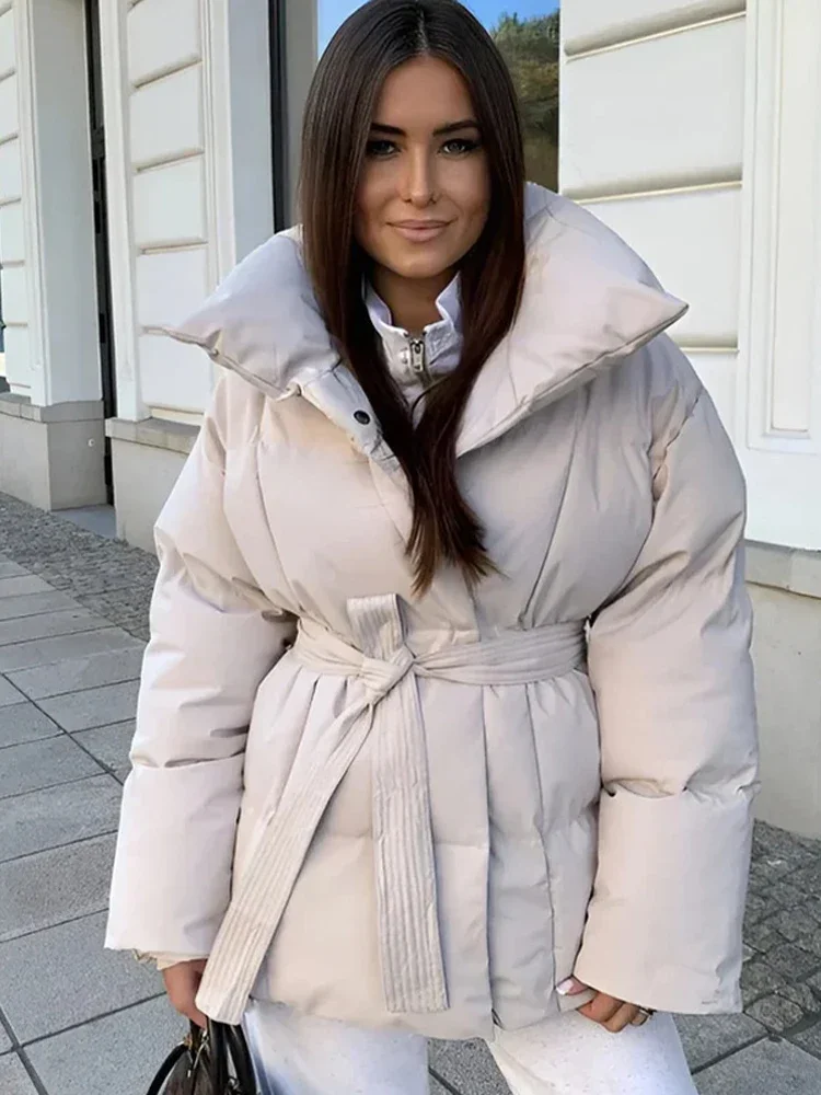 Casual Thick Cotton Coats Women Fashion Solid Full Sleeve Lace Up Loose Short Pocket Jacket Lady New 2026 Winter Commute Outwear