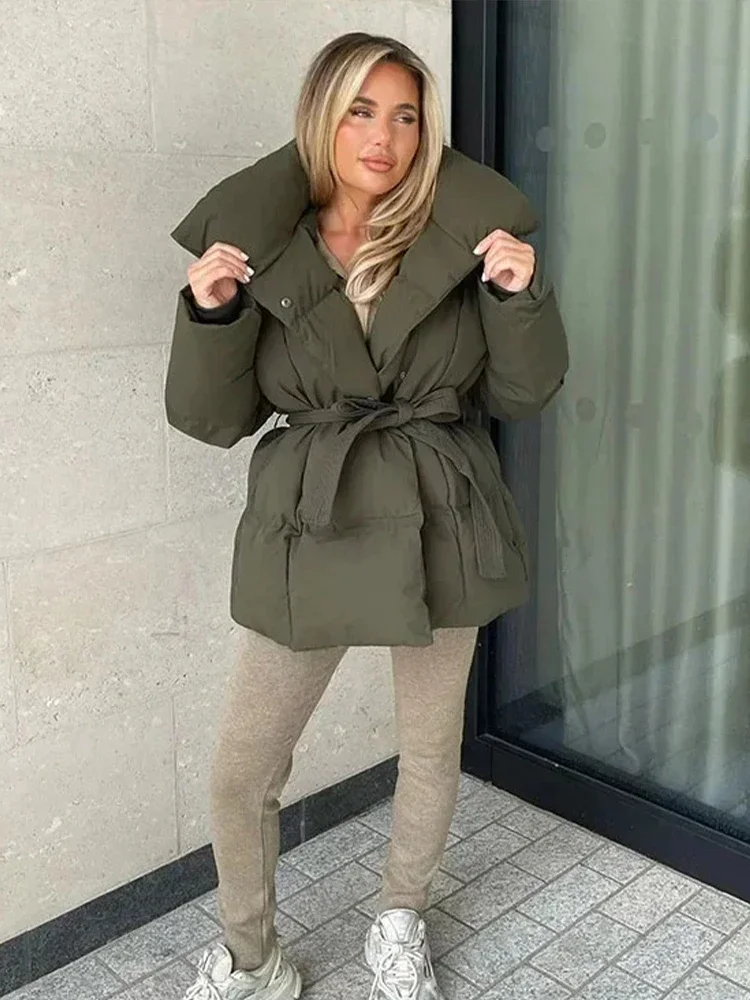 Casual Thick Cotton Coats Women Fashion Solid Full Sleeve Lace Up Loose Short Pocket Jacket Lady New 2026 Winter Commute Outwear