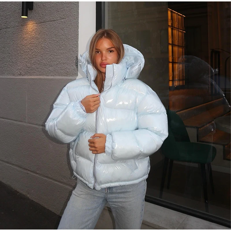 Women Solid Hooded Glossy Padded Jacket Long Sleeve Stand Zipper Fluffy Warm Coat Autumn Winter 2025 Chic Casual Street Jackets