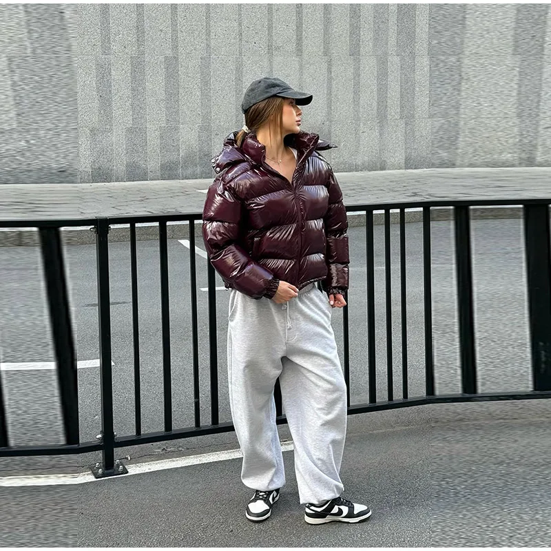 Women Solid Hooded Glossy Padded Jacket Long Sleeve Stand Zipper Fluffy Warm Coat Autumn Winter 2025 Chic Casual Street Jackets
