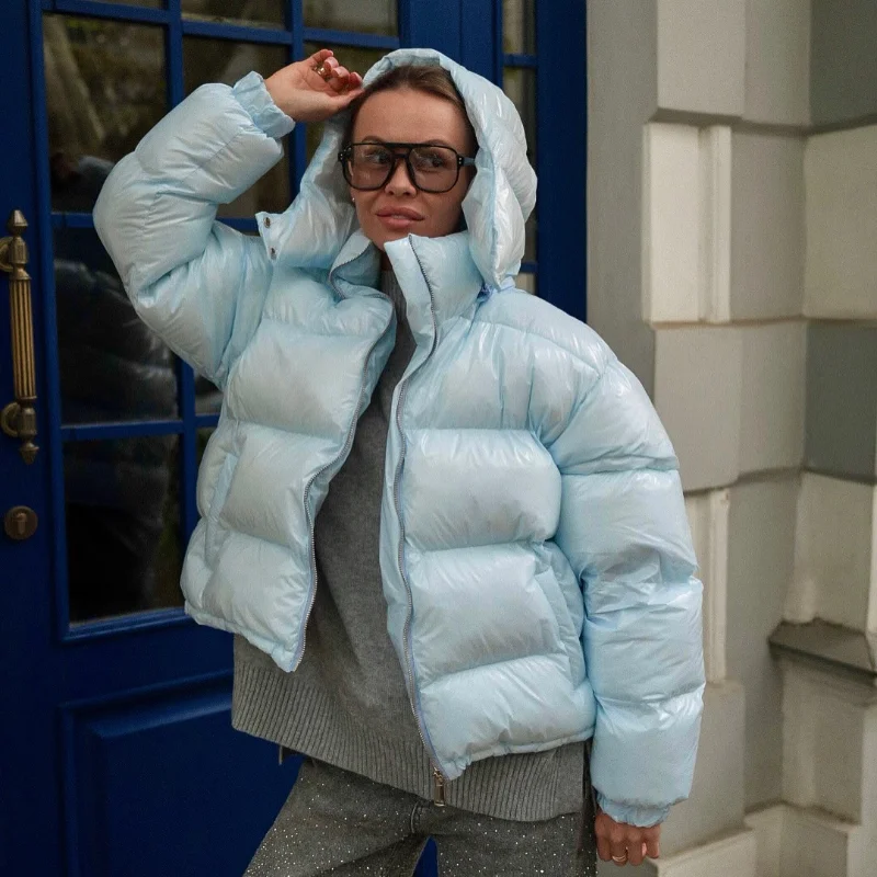 Women Solid Hooded Glossy Padded Jacket Long Sleeve Stand Zipper Fluffy Warm Coat Autumn Winter 2025 Chic Casual Street Jackets