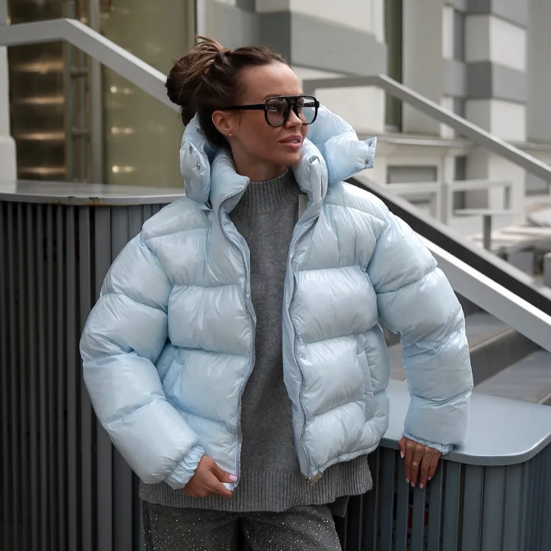 Women Solid Hooded Glossy Padded Jacket Long Sleeve Stand Zipper Fluffy Warm Coat Autumn Winter 2025 Chic Casual Street Jackets