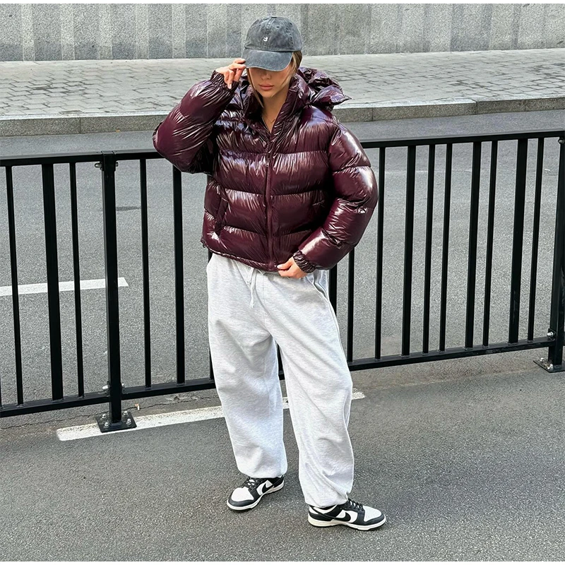 Women Solid Hooded Glossy Padded Jacket Long Sleeve Stand Zipper Fluffy Warm Coat Autumn Winter 2025 Chic Casual Street Jackets
