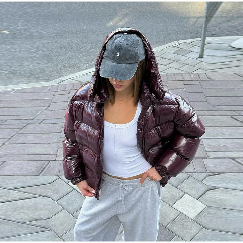 Women Solid Hooded Glossy Padded Jacket Long Sleeve Stand Zipper Fluffy Warm Coat Autumn Winter 2025 Chic Casual Street Jackets