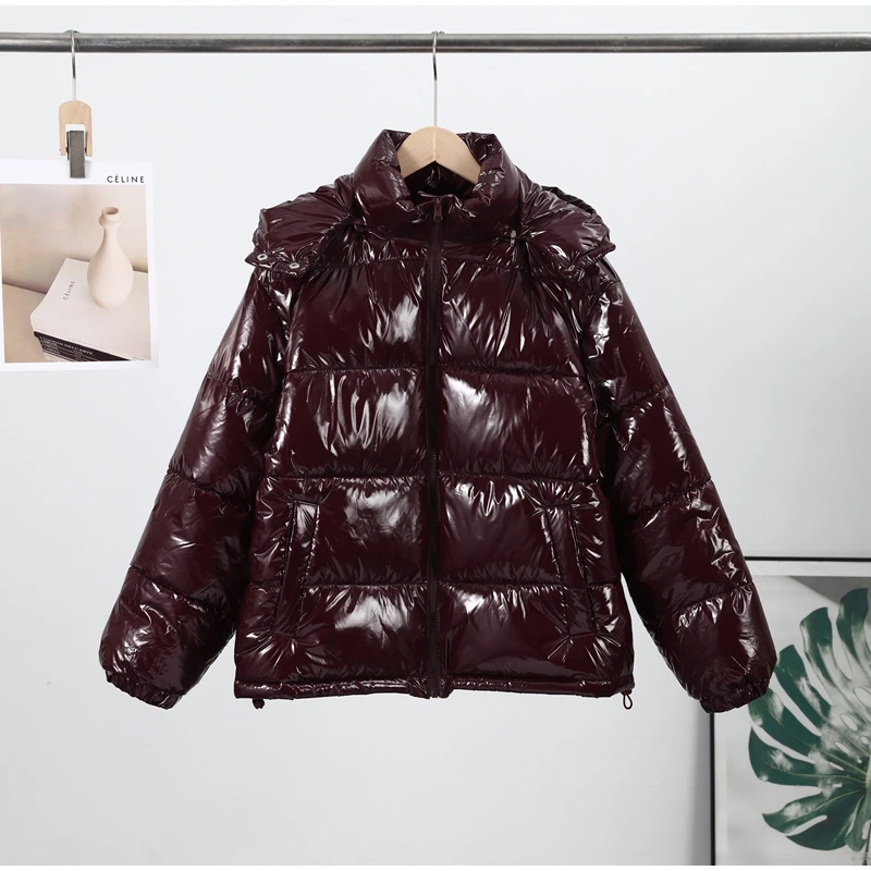 Women Solid Hooded Glossy Padded Jacket Long Sleeve Stand Zipper Fluffy Warm Coat Autumn Winter 2025 Chic Casual Street Jackets