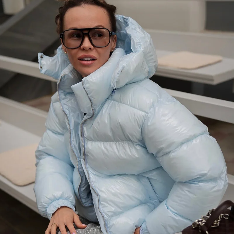 Women Solid Hooded Glossy Padded Jacket Long Sleeve Stand Zipper Fluffy Warm Coat Autumn Winter 2025 Chic Casual Street Jackets