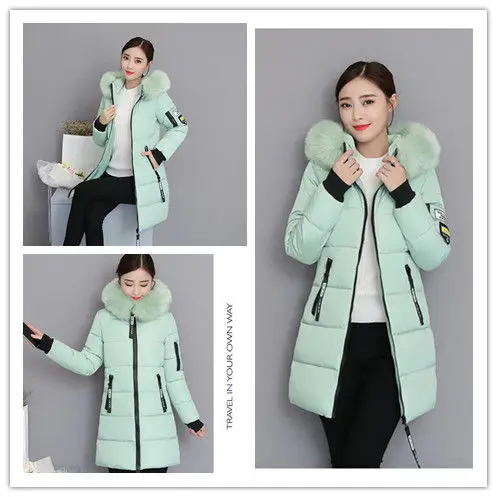 2026 Winter New Korean Cotton Jacket Women's Medium Long Big Fur Collar Coat Female Cotton Thicken Warm Hooded Parker Overcoat