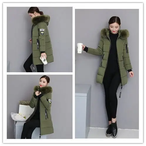 2026 Winter New Korean Cotton Jacket Women's Medium Long Big Fur Collar Coat Female Cotton Thicken Warm Hooded Parker Overcoat