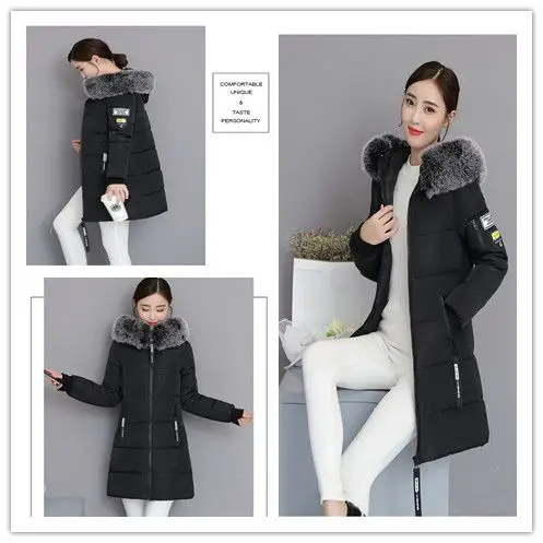 2026 Winter New Korean Cotton Jacket Women's Medium Long Big Fur Collar Coat Female Cotton Thicken Warm Hooded Parker Overcoat