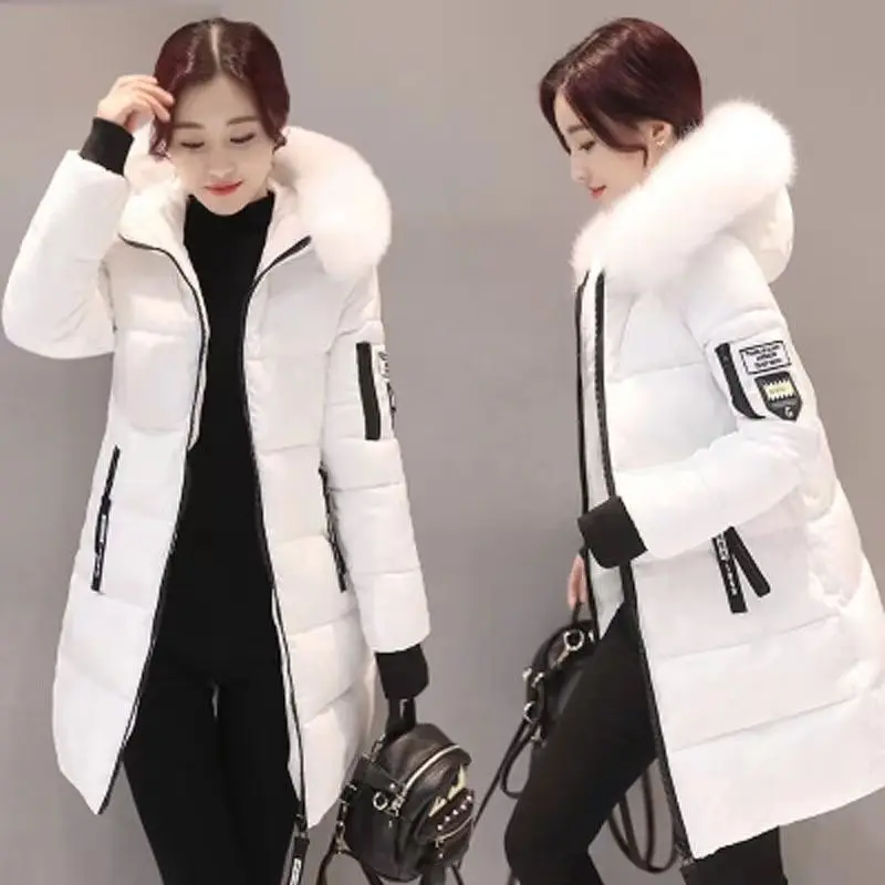 2026 Winter New Korean Cotton Jacket Women's Medium Long Big Fur Collar Coat Female Cotton Thicken Warm Hooded Parker Overcoat