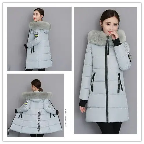 2026 Winter New Korean Cotton Jacket Women's Medium Long Big Fur Collar Coat Female Cotton Thicken Warm Hooded Parker Overcoat