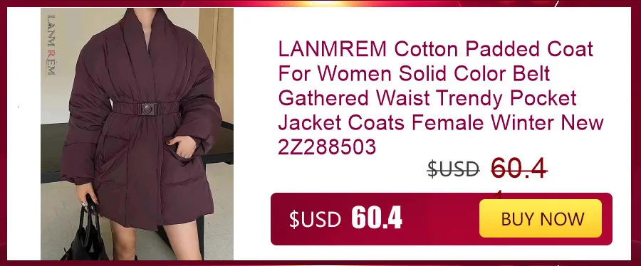 LANMREM Cotton Padded Coat With Belt Long Sleeves Big Size Solid Warm Jacket 2024 Winter New Female Fashion Streetwear 2Z288516