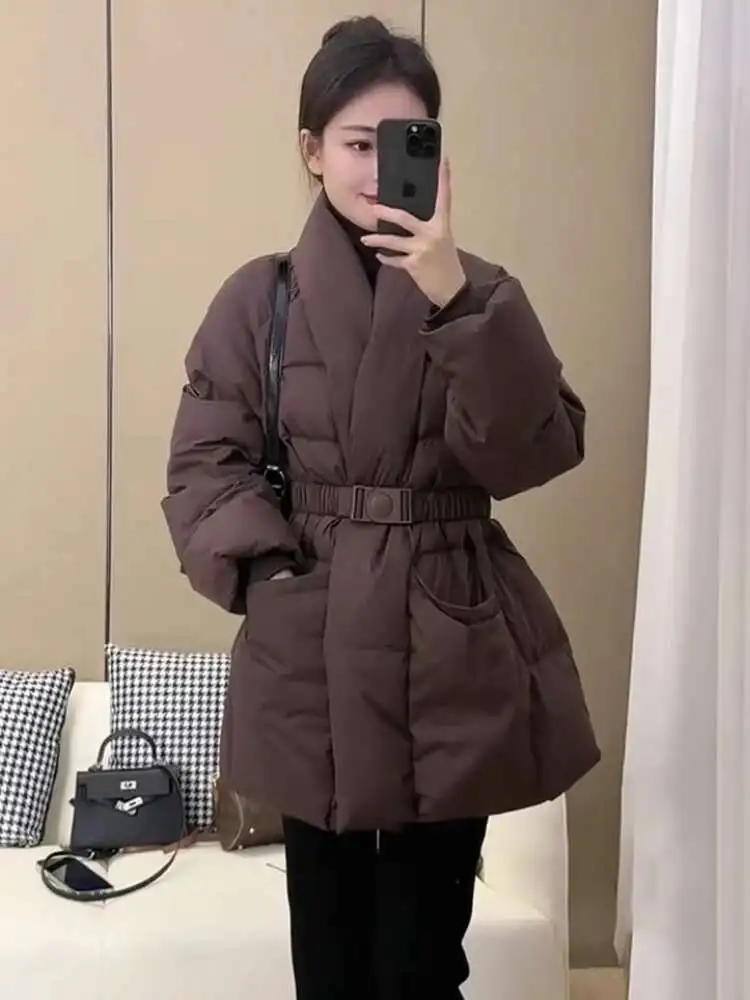 LANMREM Cotton Padded Coat With Belt Long Sleeves Big Size Solid Warm Jacket 2024 Winter New Female Fashion Streetwear 2Z288516