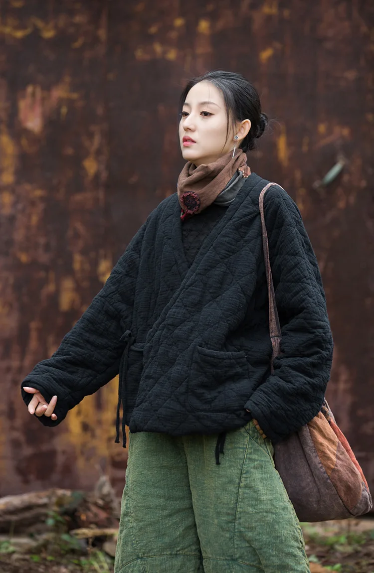 Johnature Winter Chinese Style Parkas For Women Bandage Plus Cotton Coats 2025 Long Sleeve Loose Pockets Vintage Cotton Parkas