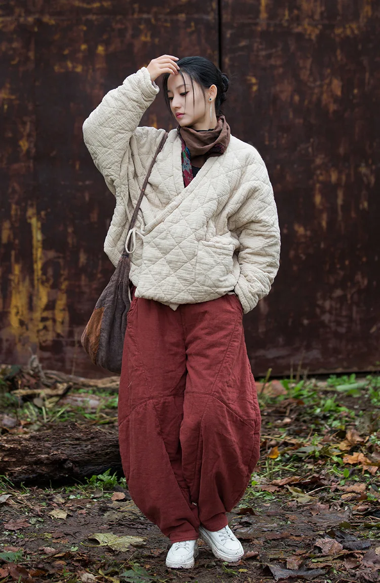 Johnature Winter Chinese Style Parkas For Women Bandage Plus Cotton Coats 2025 Long Sleeve Loose Pockets Vintage Cotton Parkas