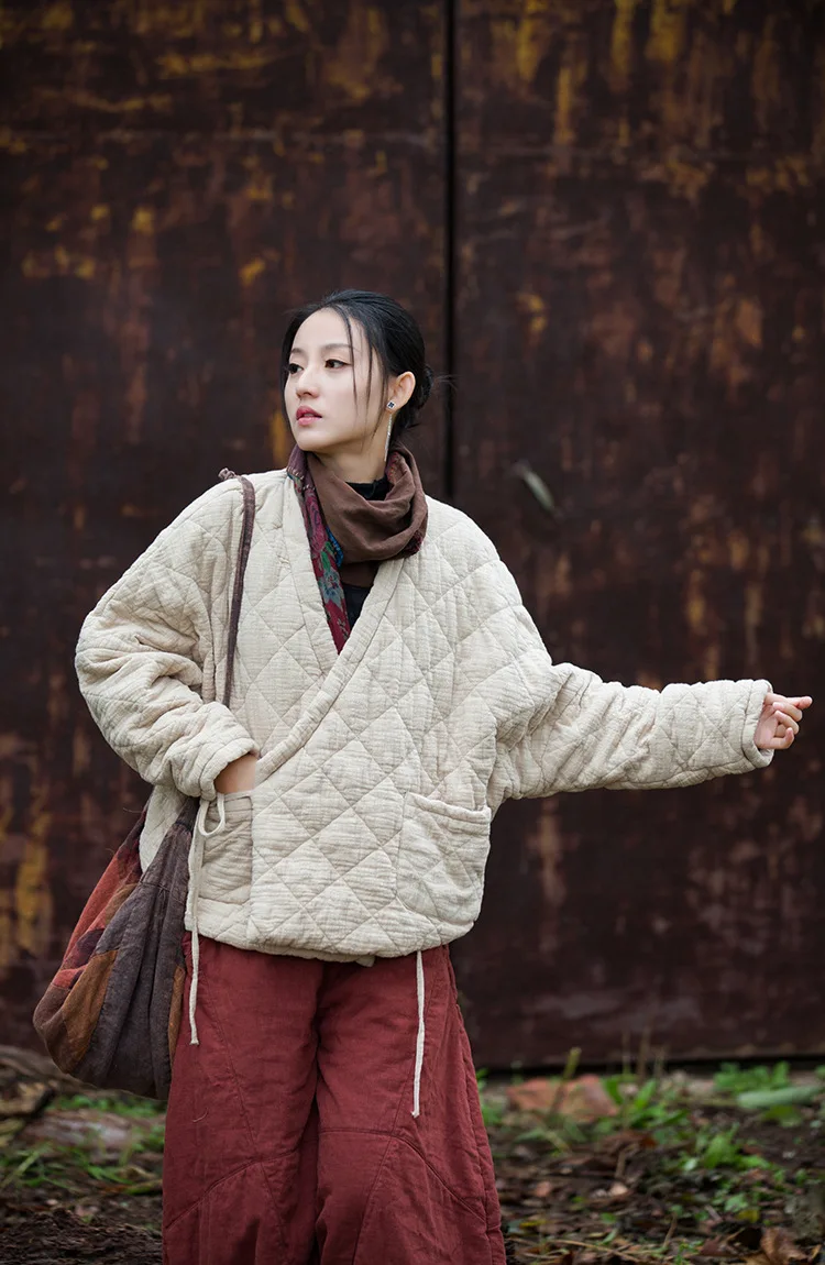 Johnature Winter Chinese Style Parkas For Women Bandage Plus Cotton Coats 2025 Long Sleeve Loose Pockets Vintage Cotton Parkas