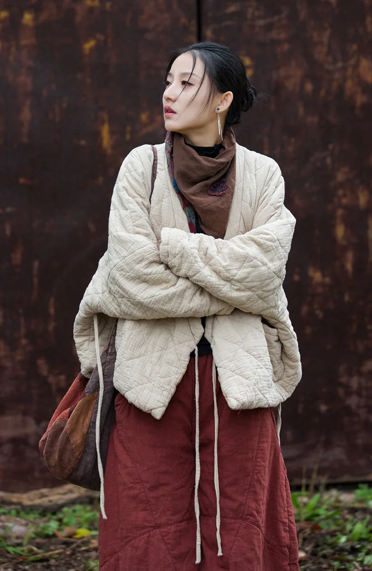 Johnature Winter Chinese Style Parkas For Women Bandage Plus Cotton Coats 2025 Long Sleeve Loose Pockets Vintage Cotton Parkas
