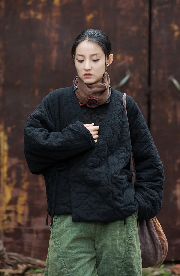 Johnature Winter Chinese Style Parkas For Women Bandage Plus Cotton Coats 2025 Long Sleeve Loose Pockets Vintage Cotton Parkas