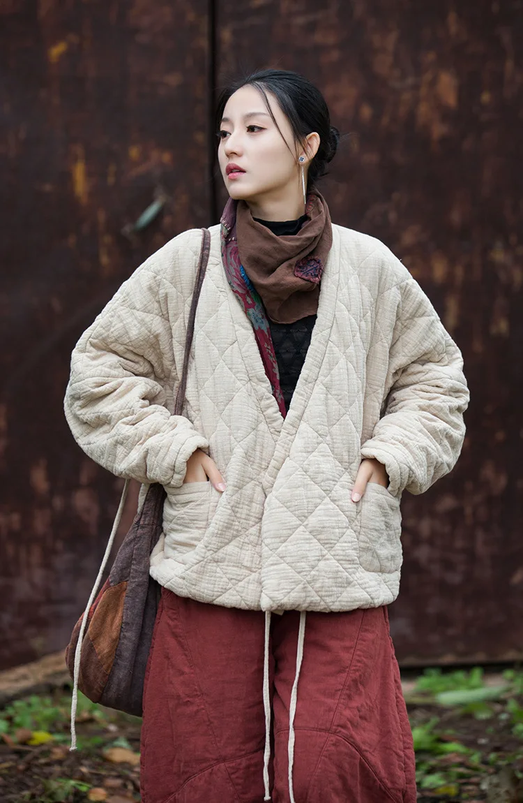 Johnature Winter Chinese Style Parkas For Women Bandage Plus Cotton Coats 2025 Long Sleeve Loose Pockets Vintage Cotton Parkas