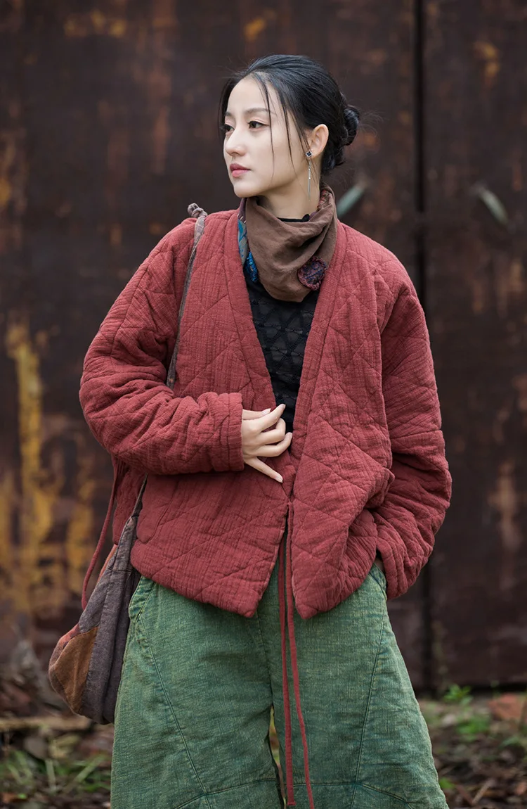 Johnature Winter Chinese Style Parkas For Women Bandage Plus Cotton Coats 2025 Long Sleeve Loose Pockets Vintage Cotton Parkas
