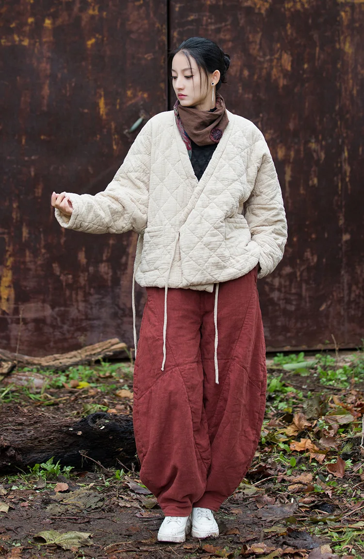Johnature Winter Chinese Style Parkas For Women Bandage Plus Cotton Coats 2025 Long Sleeve Loose Pockets Vintage Cotton Parkas