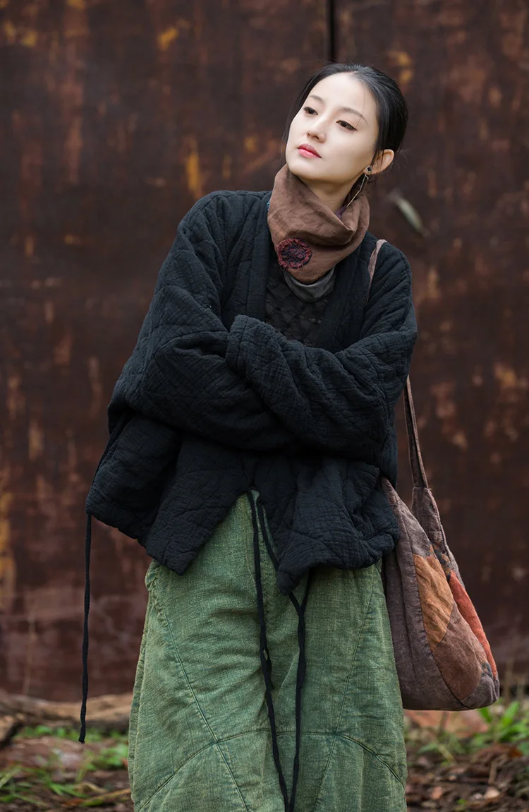 Johnature Winter Chinese Style Parkas For Women Bandage Plus Cotton Coats 2025 Long Sleeve Loose Pockets Vintage Cotton Parkas