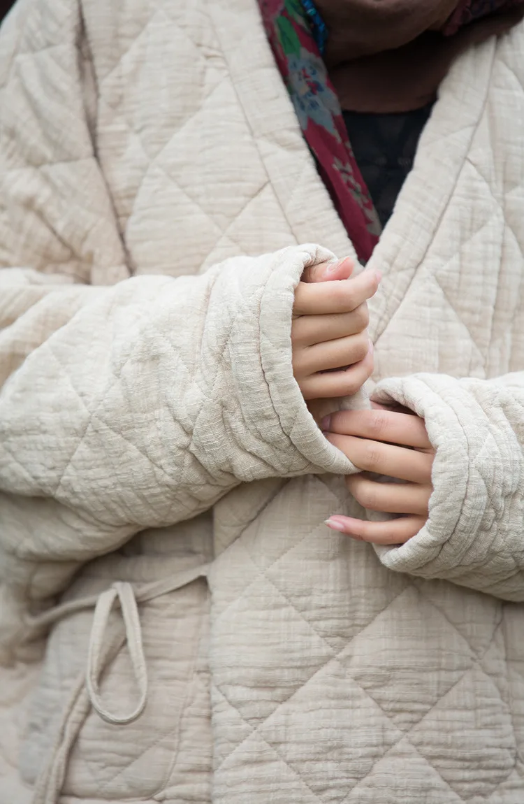 Johnature Winter Chinese Style Parkas For Women Bandage Plus Cotton Coats 2025 Long Sleeve Loose Pockets Vintage Cotton Parkas