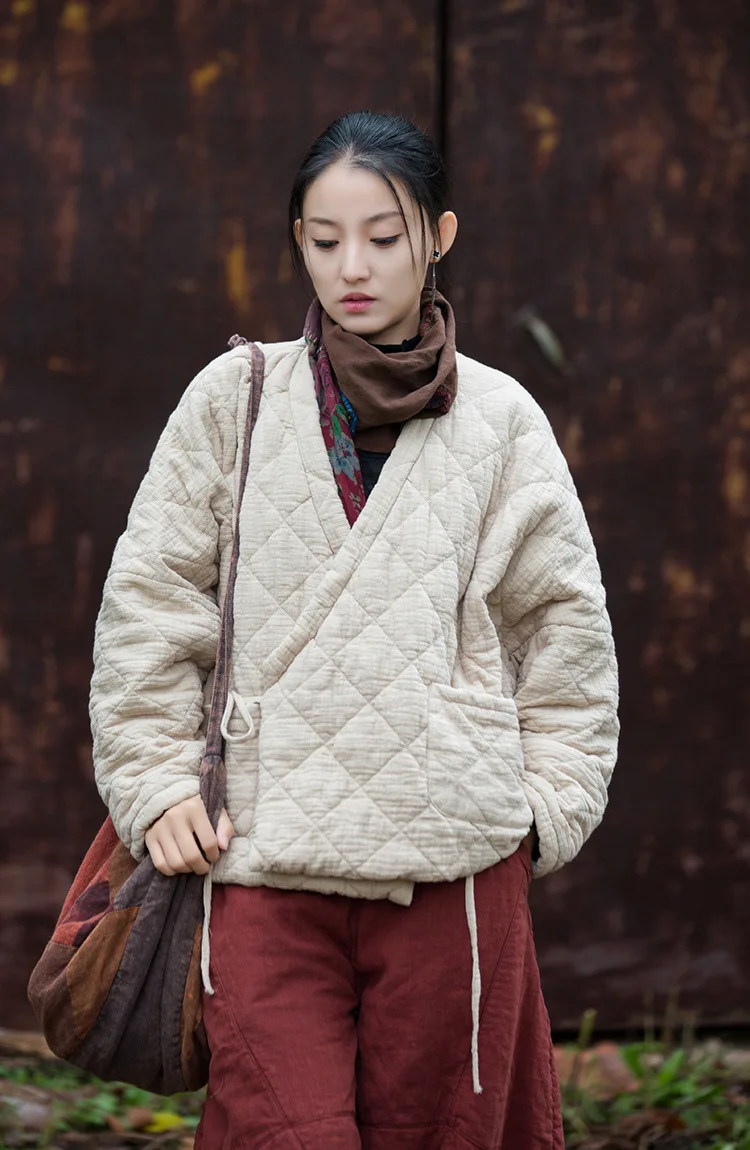 Johnature Winter Chinese Style Parkas For Women Bandage Plus Cotton Coats 2025 Long Sleeve Loose Pockets Vintage Cotton Parkas